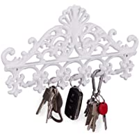 Relaxdays Perchero Pared- Colgador Llaves- 5 Ganchos- Barroco- Rústico Vintage- Hierro Fundido- 17 x 35 x 3-5 cm- Blanco